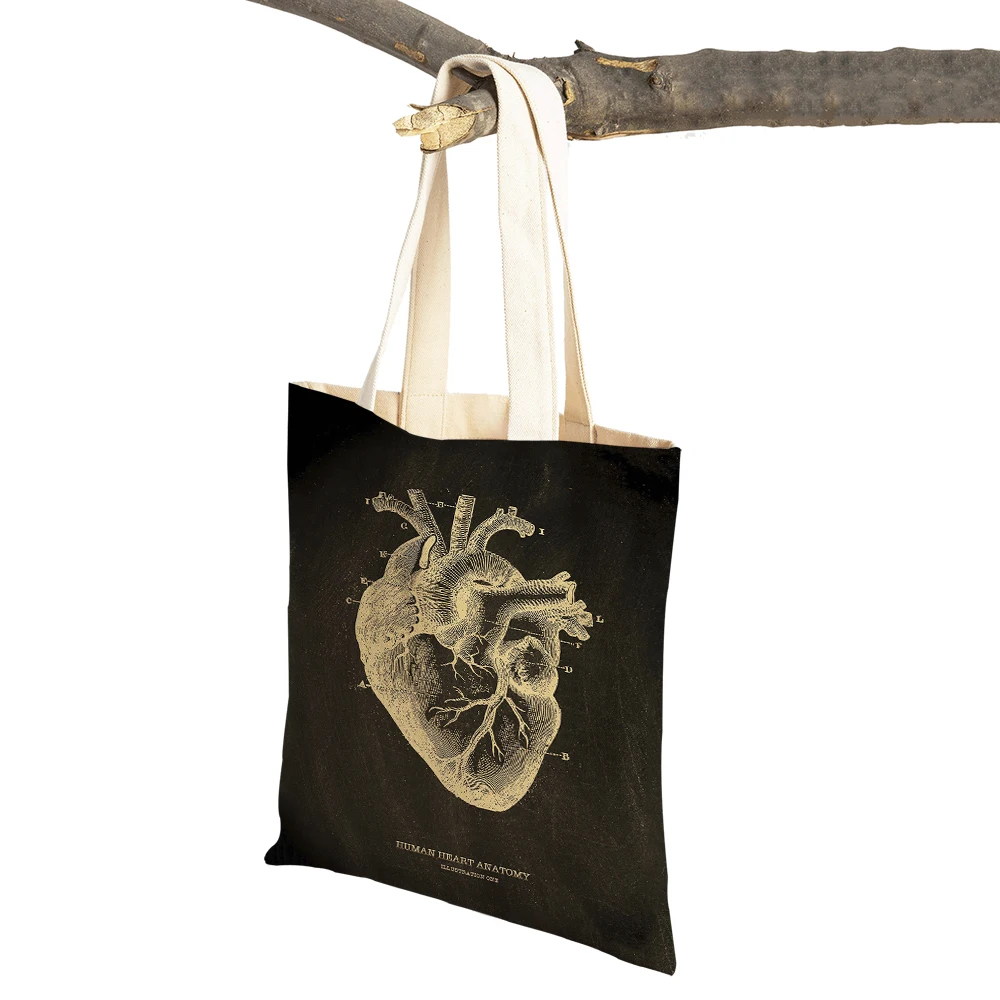 Vintage Anatomical Skeleton Chalkboard Skull Shopper Bag Tote Lady Handbag Casual Canvas Heart Double Print Women Shopping Bags