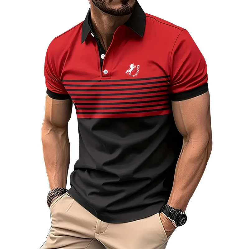 

Summer Men Casual Short Sleeve Stripe Polo Shirt Men 3D Digital Print Slim Fit Lapel Polo Shirt .