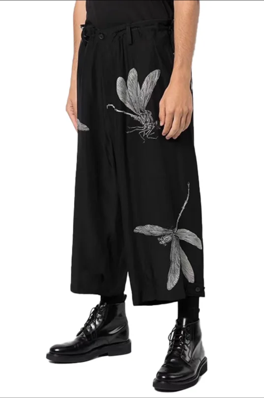 2023 Spring and autumn silk dragonfly print six quarter pants loose casual pants men and women the same