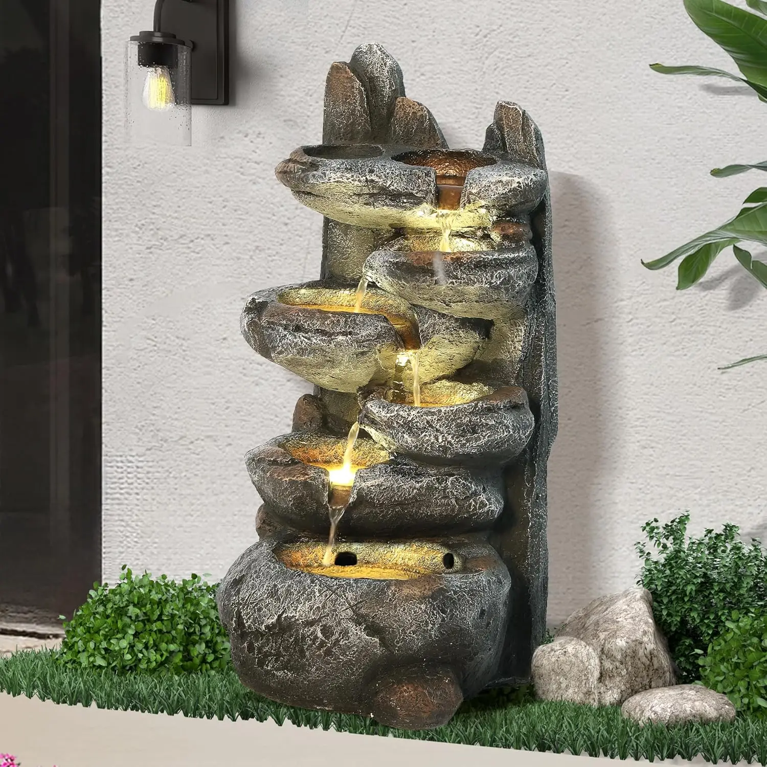 

Cascading Rock Water Fountain, 6-Tiers Fountains and Waterfalls with LED Lights, Indoor Freestanding Resin Waterfall Feature