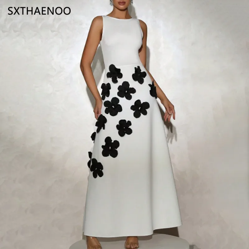 

SXTHAENOO Slimming Spliced 3D Flower Temperament Dresses for Women Round Neck Sleeveless High Wasit Dress Female Clothing 2025