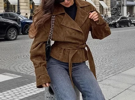 

Lace Up Coat 2025 Autumn and Winter Vintage Commuting Brown Suit Collar Coat Women's Clothing