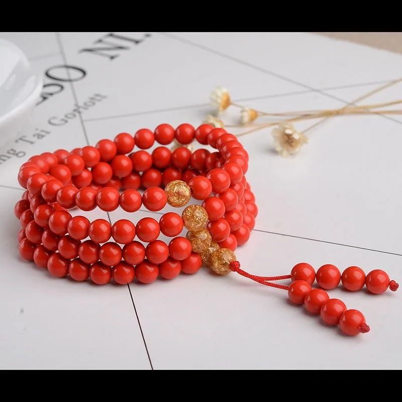 108 Red Cinnabar Buddha Beads Bracelet for Safe Life Year Nian Zhu Sha Bracelet