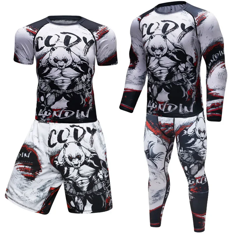New Men Jiu Jitsu MMA Compression T-shirt+ Muay Thai Shorts Spartan Set Rashguard Shirts Clothing Bjj Boxing Boxe Sport Suits