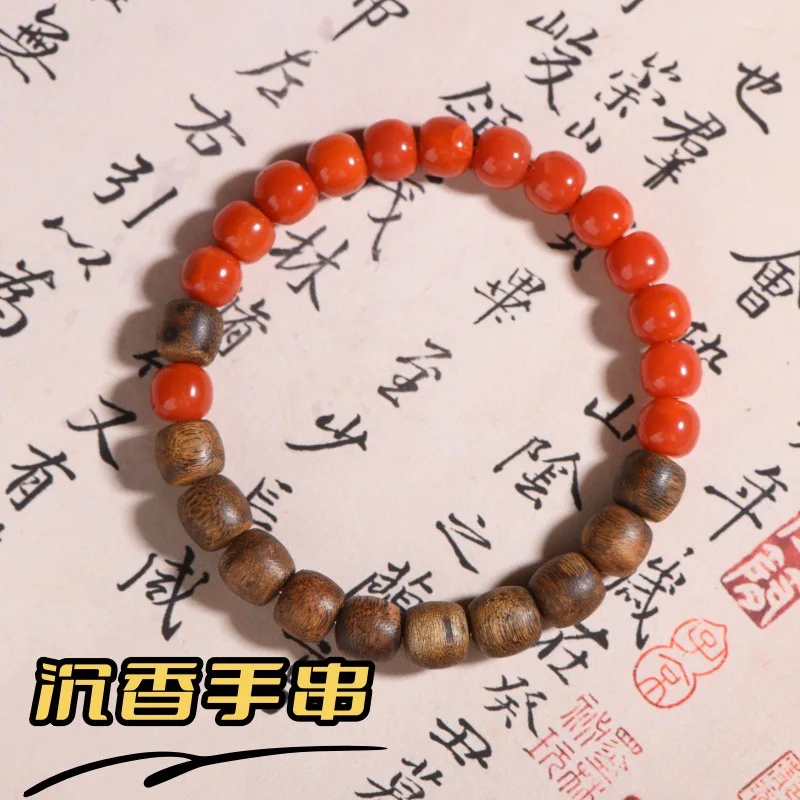 Natural Brunei Agarwood Straight Cut Barrel Bead Bracelet with Natural South Red Agate for Women Lucky Gifts