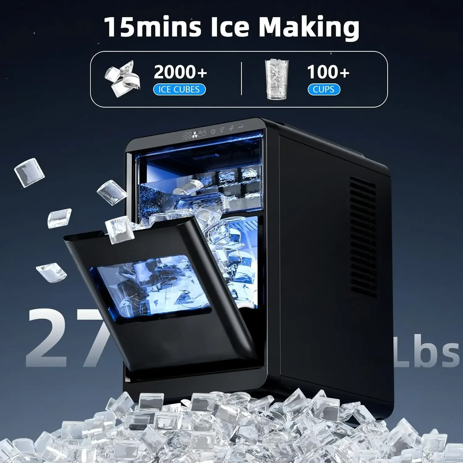 Crescent Ice Maker Slow Melting Countertop Ice Maker 27 Lbs 24H 16Pcs in 15Mins Self Cleaning 24 Hour Timer