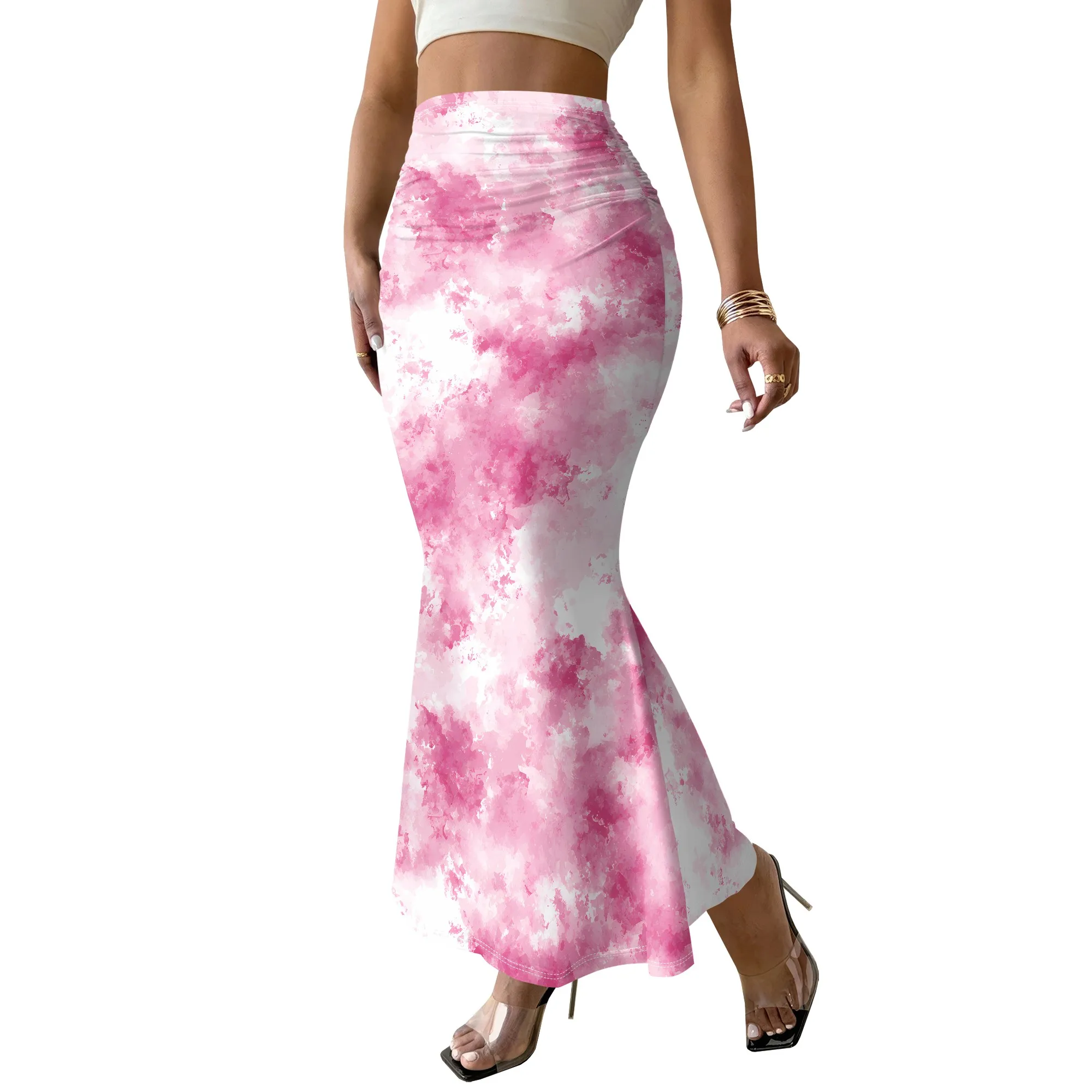 Pink Tie Dye Skirt, Women's High Waist Mermaid Skirt, Stretchy Long Maxi Skirt for Summer Beach Party, S-3XL