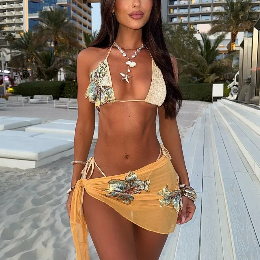 Micro Thong Swimwear Shiny Sequins Women Swimwear Floral Patchwork 3pcs Bikini Set with Skirt Embroidery Mesh Bathing Suit