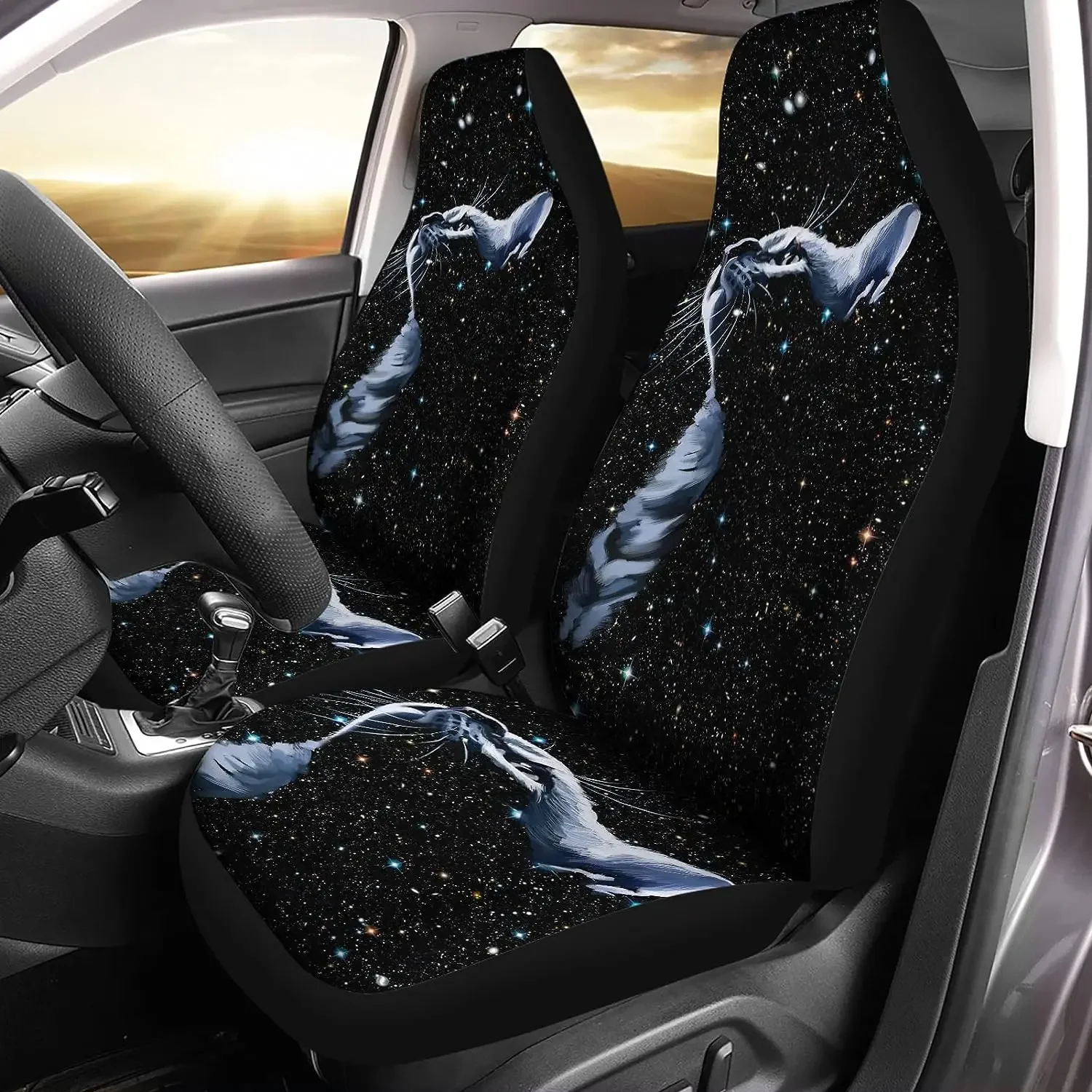 Galaxy Stars Cat Print Car Seat Covers 2 Pcs Auto Universal Front Seat Protector Men Women Automobile Decorate Accessories