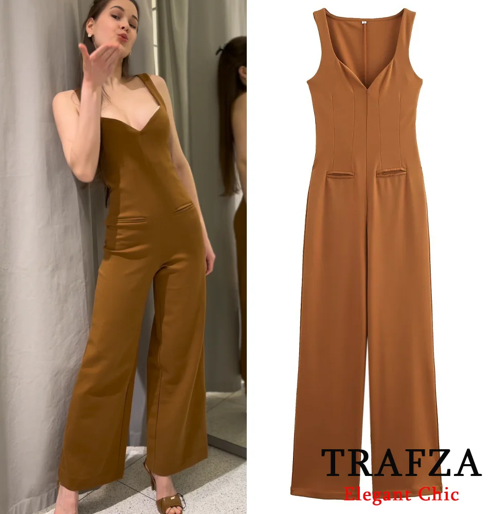 

TRAFZA Women Elegant Halter Jumpsuit Deep V-Neck Khaki Brown Slim Jumpsuit New 2025 Spring/Summer Holiday Casual Female Jumpsuit