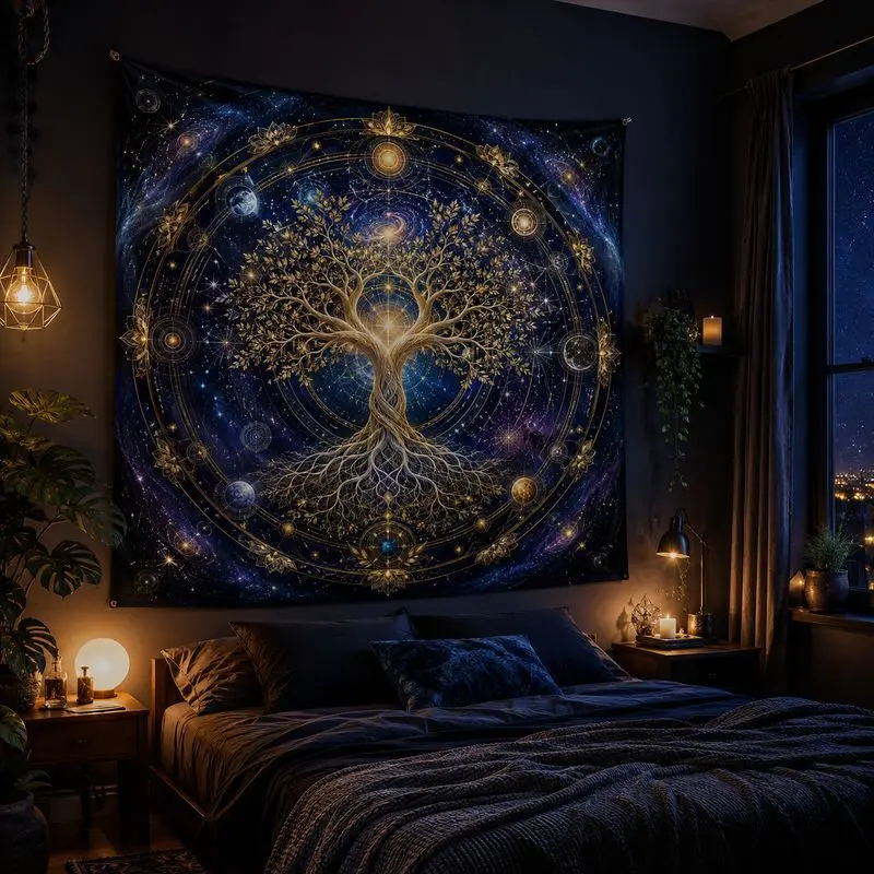 Baum des Lebens Stern Wandteppich Mystische Galaxie Mond Wandbehang Boho Schlafzimmer Studentenwohnheim Meditation Heimdekoration
