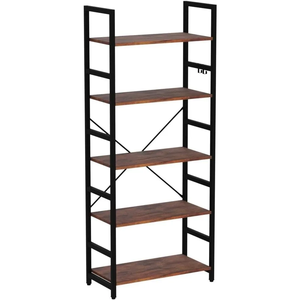 Bookshelf, 5 Tier Bookshelf - Tall Book Shelf Modern Bookcase for CDs/Movies/Books, Rustic Book Case Industrial, Bookshelf