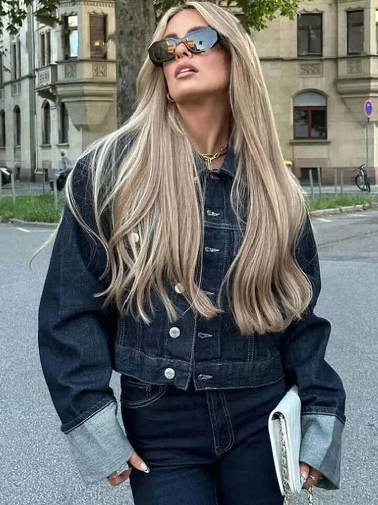 TRAFZA 2023 jesienna modna kobieta z jednolitego denimu długi rękaw z krótka bluza guzikami i szerokimi nogawkami zestaw 2 sztuk