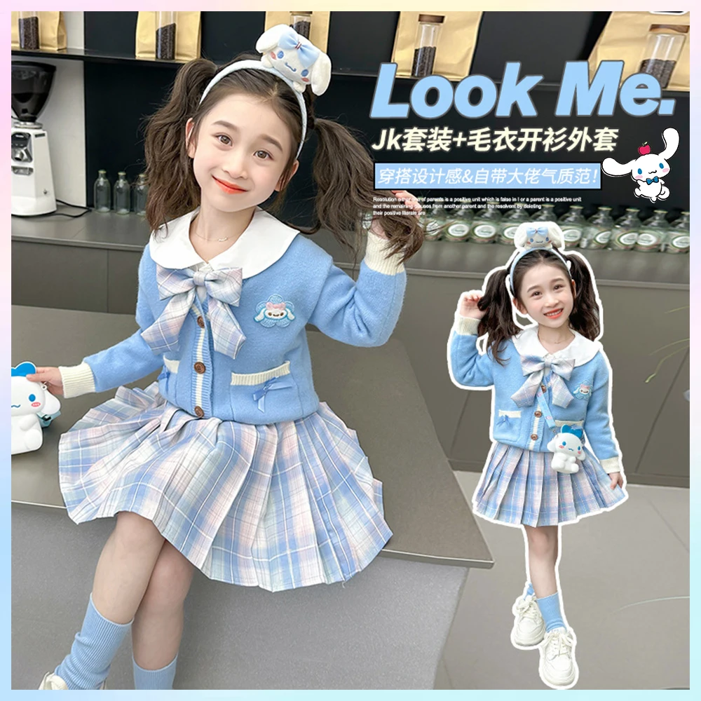 Cinnamoroll Hello Kitty 3Pcs Girls' Sweater Shirt Pleated Skirt Jk Uniform Sanrios Y2K Kids Fashion Spring Autumn College Style