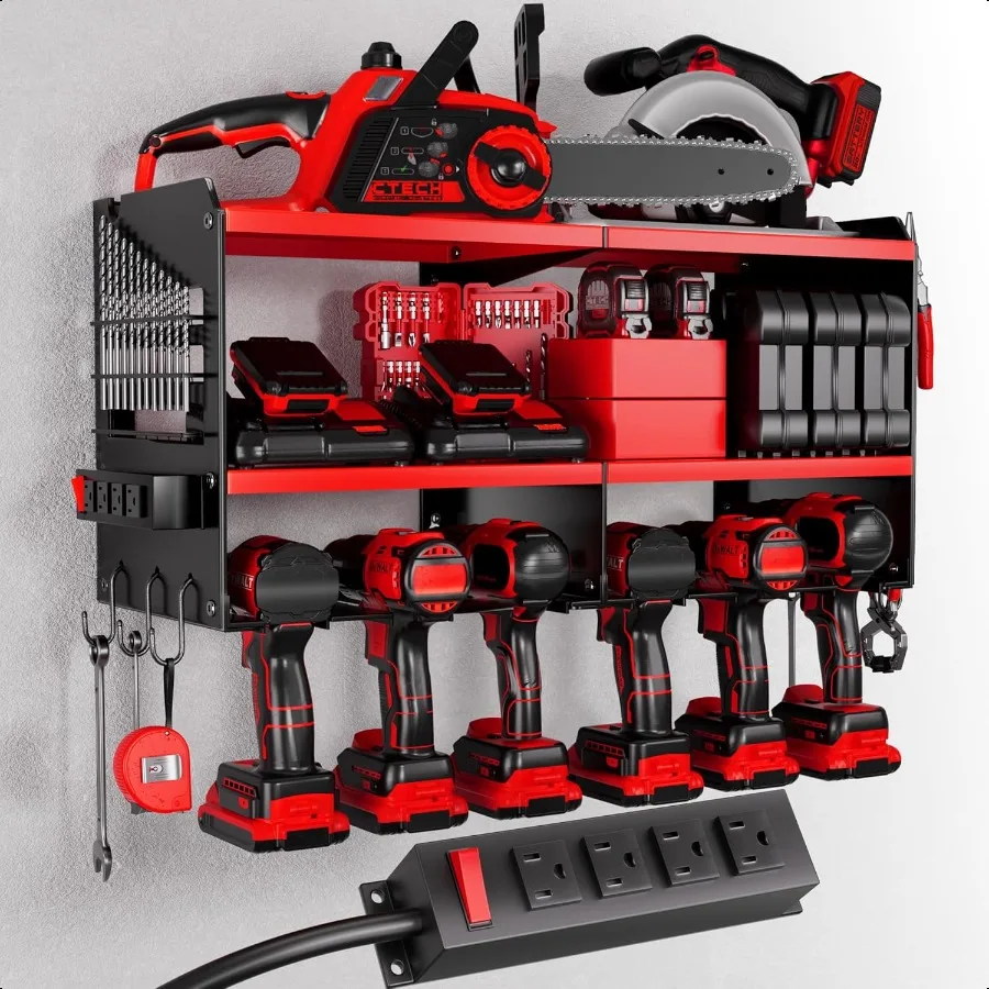 

Power Tool Organizer with Charging Station 6 Drill Holders Wall Mount Heavy Duty Metal Premium Garage Tool Shelf Gift for Man C