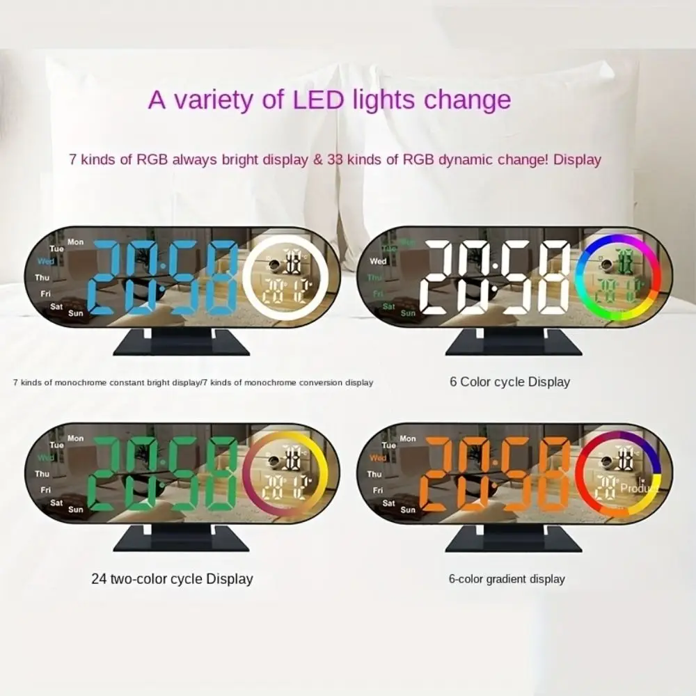 Brightness Adjustment Digital Alarm Clock 12/24H Format Date Week LED Mirror Clock Voice Control Temperature Display
