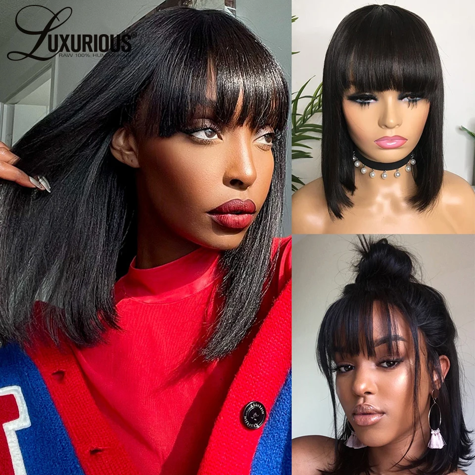 Cheap Bob Full Machine Made Wig With Bangs Natural Color Human Hair Wig Short Bob Cut Wigs For Women No Lace Wig Redy To Wear