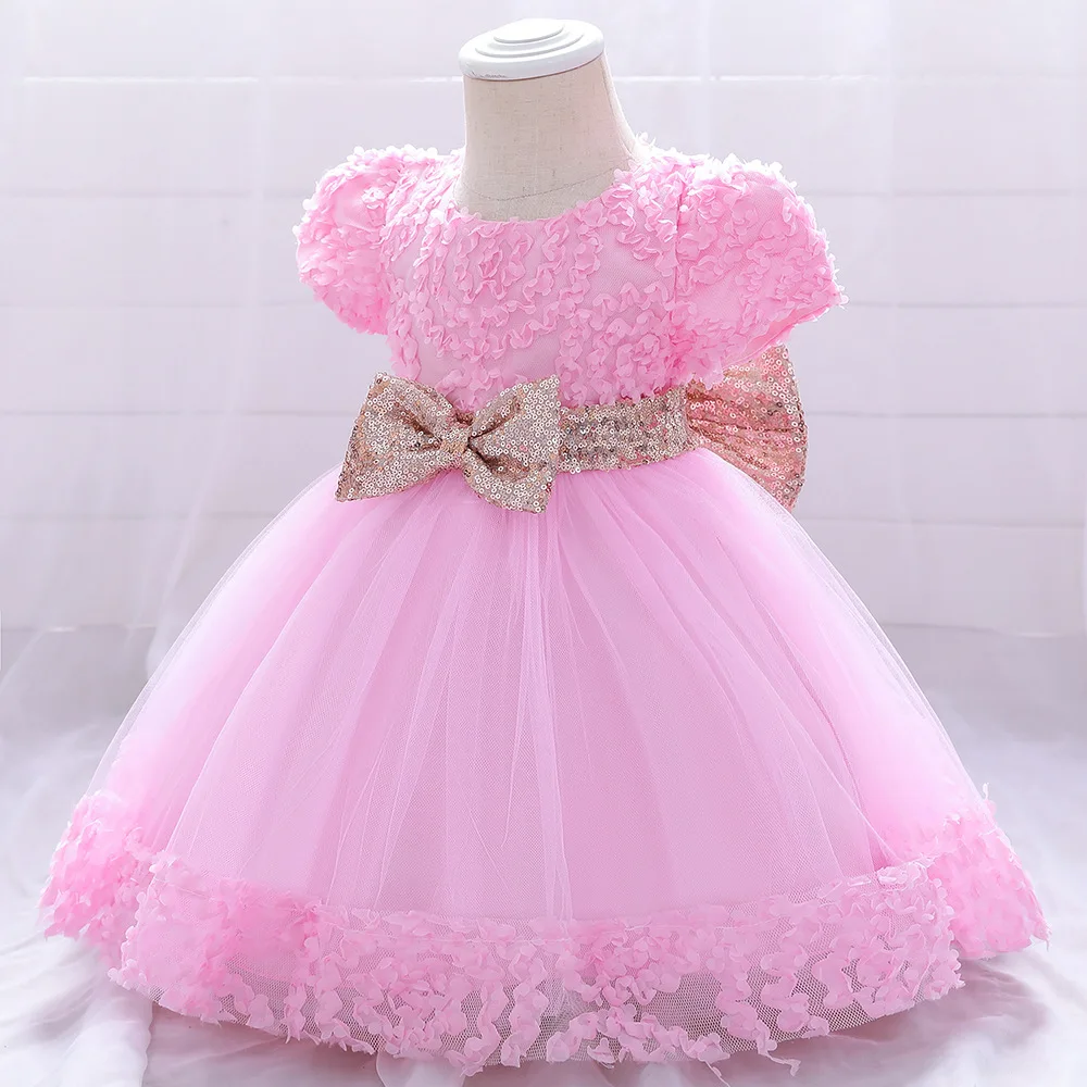 New Toddler 6M12M24M Girls Birthday Solid Color Tail Dress Children\'s Party Dress Princess Rose Flower Dress Girl Baby Bow Dress