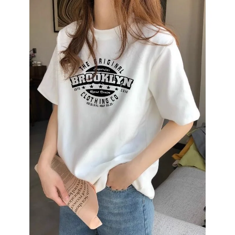 

Shoulder short sleeved T-shirt, short sleeved women's round neck, summer matching print, loose trend, contrasting color top
