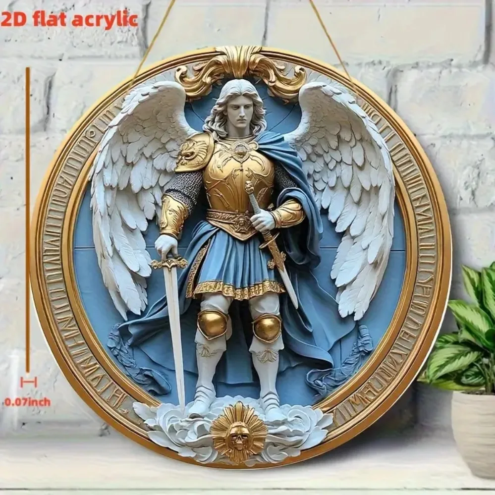 Silberne Erzengel Michael Metall-Wandkunst - Blau & Gold Religiöse Dekoration für Zuhause und Büro