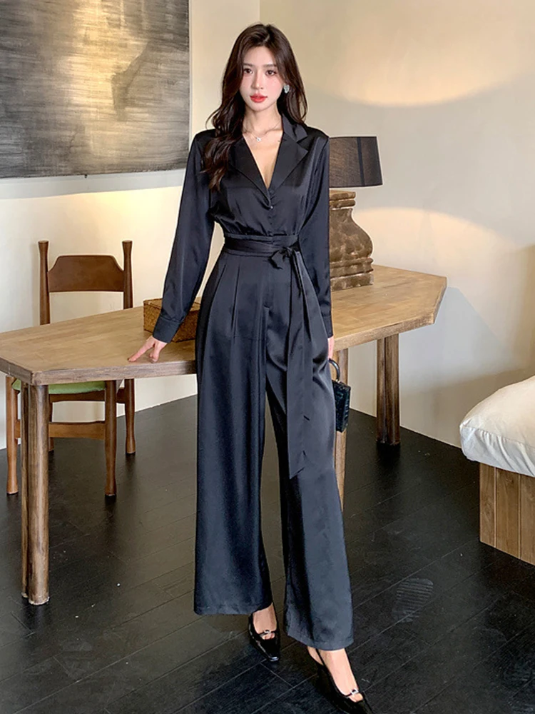 New Spring Autumn Vintage Black Casual Long Jumpsuits Women Clothes Elegant Lady Formal Lapel Long Sleeve Wide Leg Loose Rompers