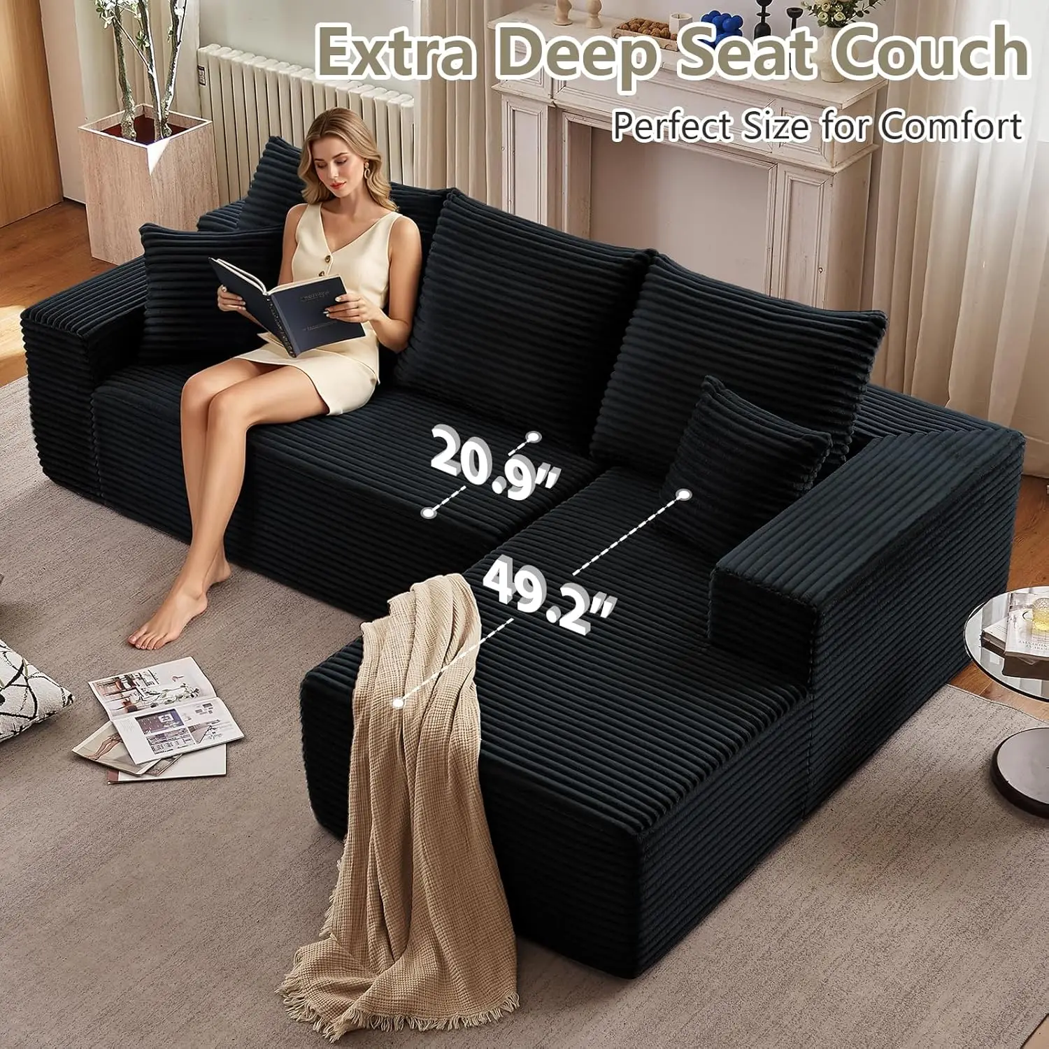 Modular Sectional Couch, Cloud-L Shaped with Chaise, Corduroy Deep Seat, Memory Foam, No Assembly, Black