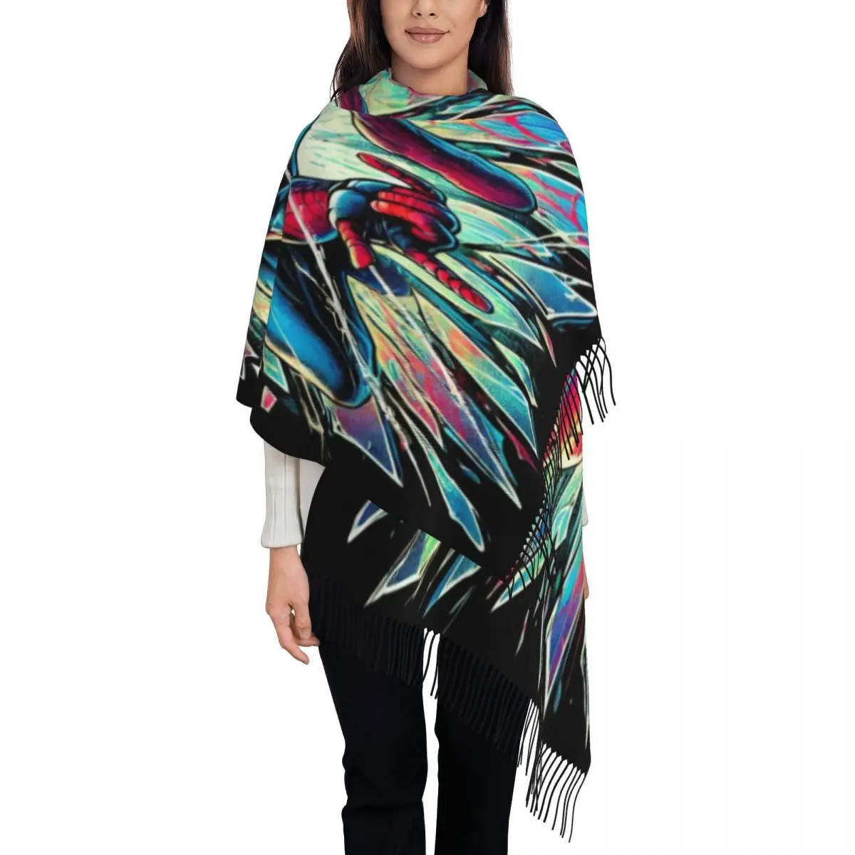 

Custom Lady Long Spider Man Cartoon Superhero Scarves Women Winter Fall Soft Warm Tassel Shawl Wraps Scarf