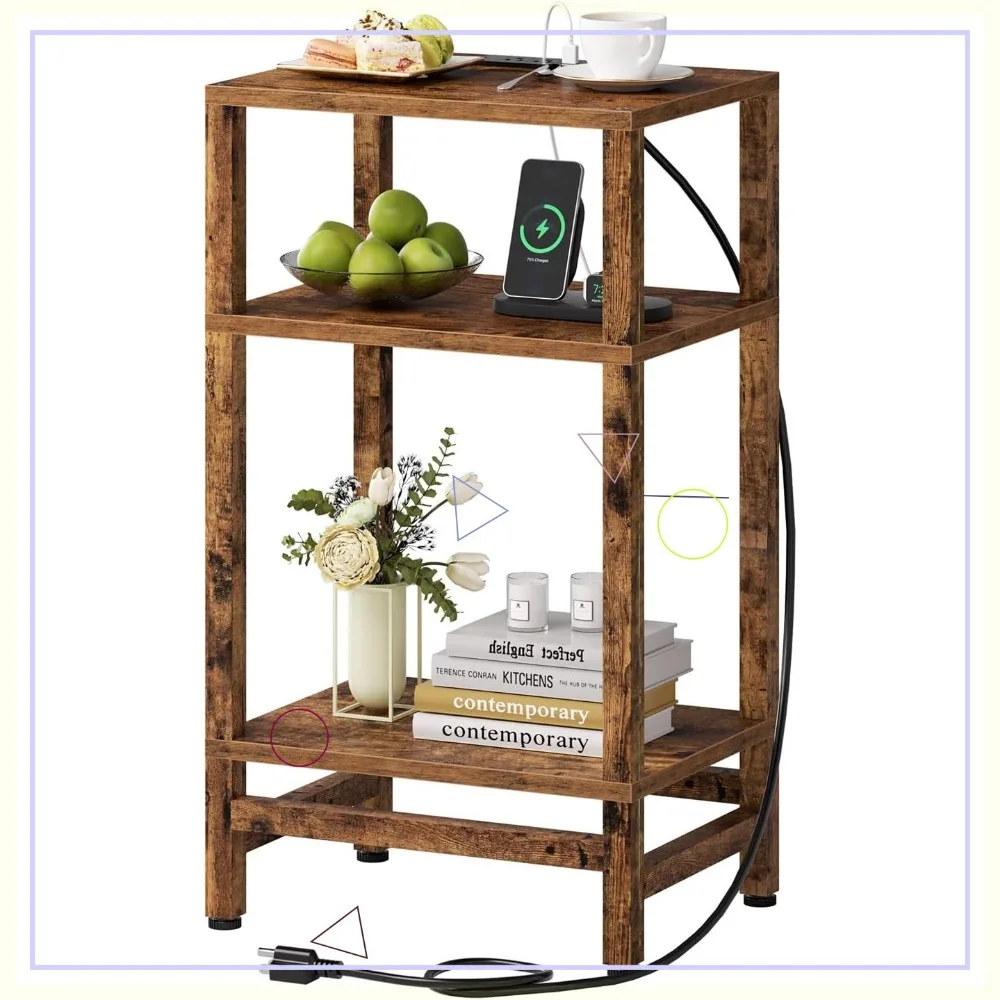 

3-Tier Tall Nightstand with Fast Charging, USB-C Ports, Space-Saving Design for Bedroom, Living Room, Office in Rustic Brown
