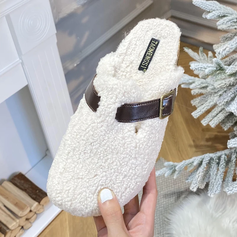 2024 Winter Warm Ladies Flat With Furry Shoes Fashion Buckle Strap Women Mules Fur Slippers Casual Outdoor Indoor Female Slides