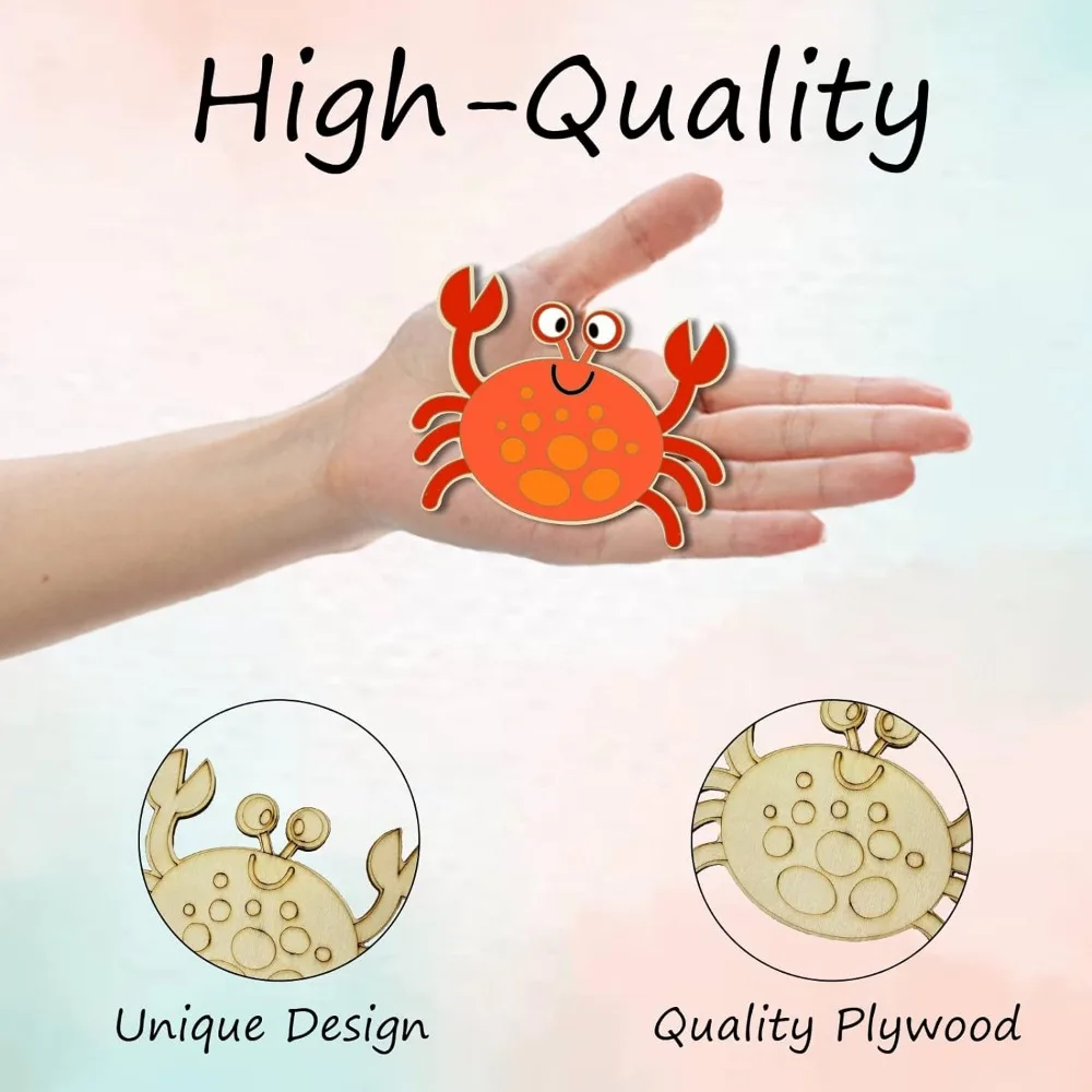 30Pcs Ocean Animals Wooden Ornaments 6Style Seahorse Mermaid Unfinished Wood Cutouts Starfish Octopus Turtle Crab Paint Crafts