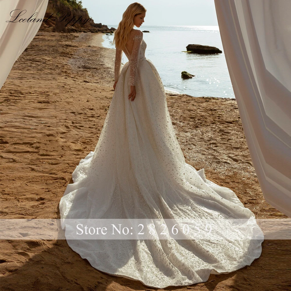 Lceland Poppy Customized 2 Pieces Shiny Tulle Mermaid Wedding Dresses Beaded Full Sleeves Bridal Gowns with Detachable Train