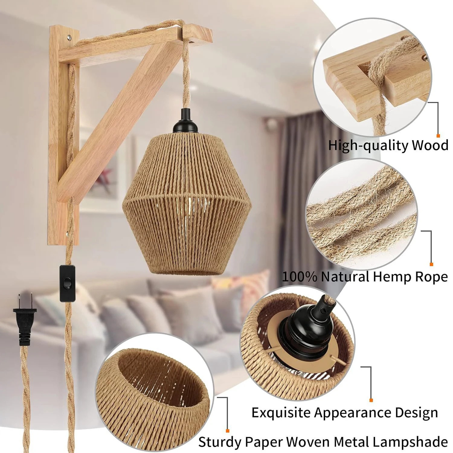 Led Rattan Paper Rope Wall Lamp Bedroom Living Room Wall Light Retro Woven Lamps 5m Adjustable Bedside Lights Decoration Fixture