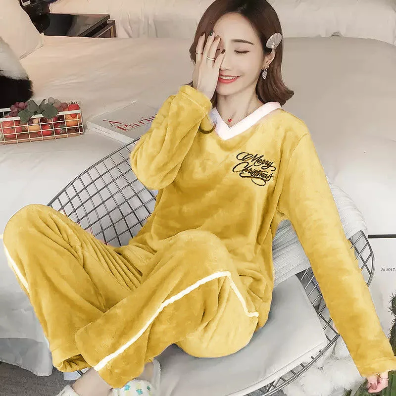 

Sweet Sleepwear Women Warm Autumn Winter Pajamas Sets Flannel Loungewear Nightwear Long Sleeve Thick Women's Clothing Trends