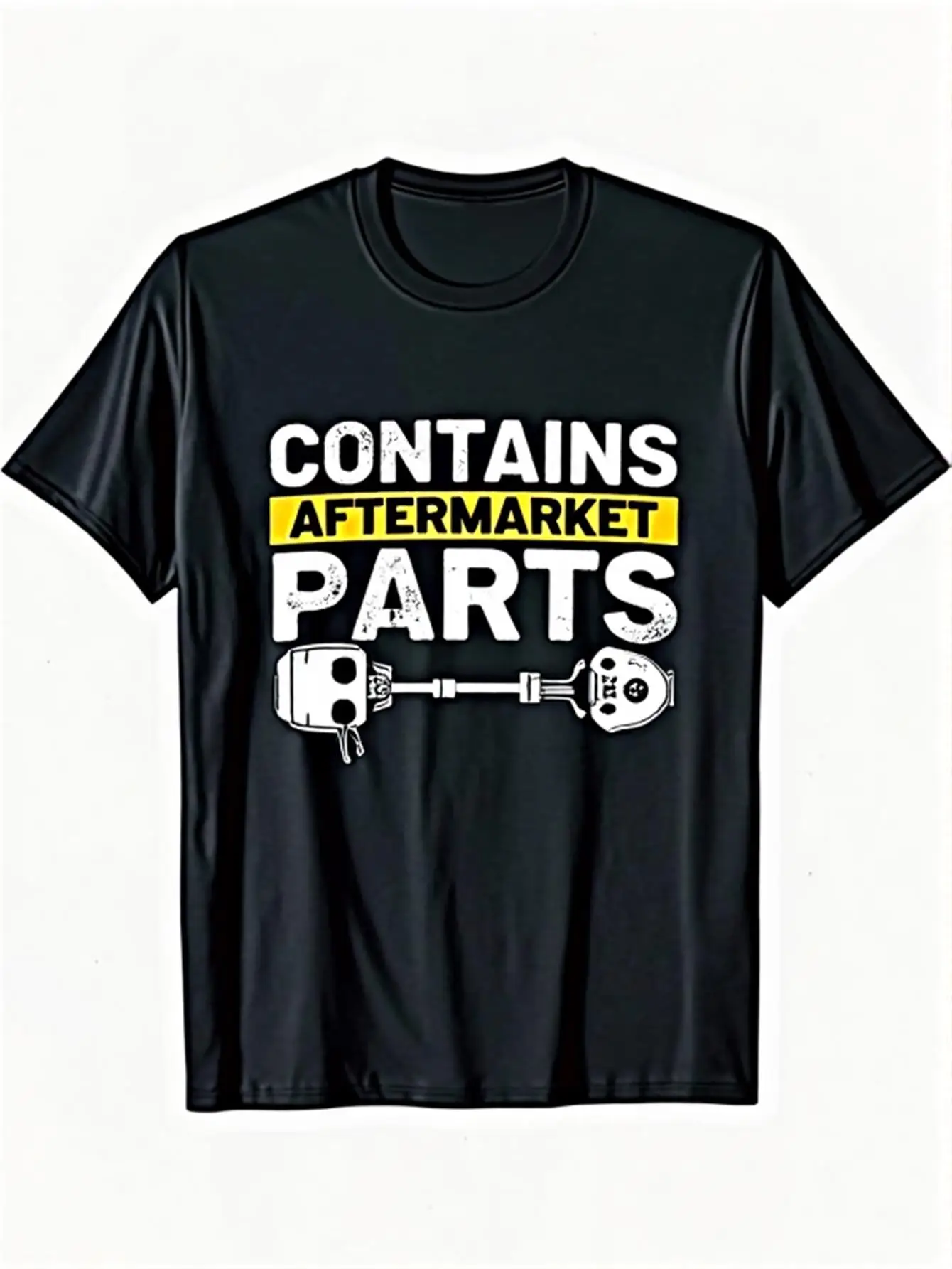 Funny Men's Black Graphic T-Shirt Aftermarket Parts Engine Piston Wrench Mechanical Bold Letter Print 100% Cotton Heavyweight Short Sleeve Casual Streetwear Tee