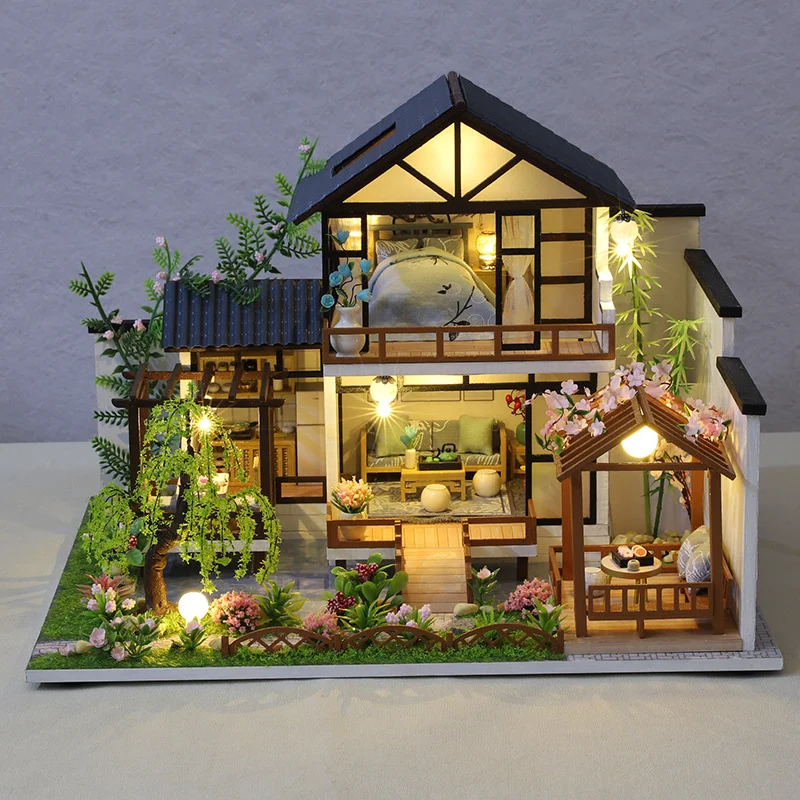 DIY Wooden Casa Japanese Dollhouse Kit Assembled Miniature Furniture Light Doll House with Cherry Blossoms Toys for Adult Gifts