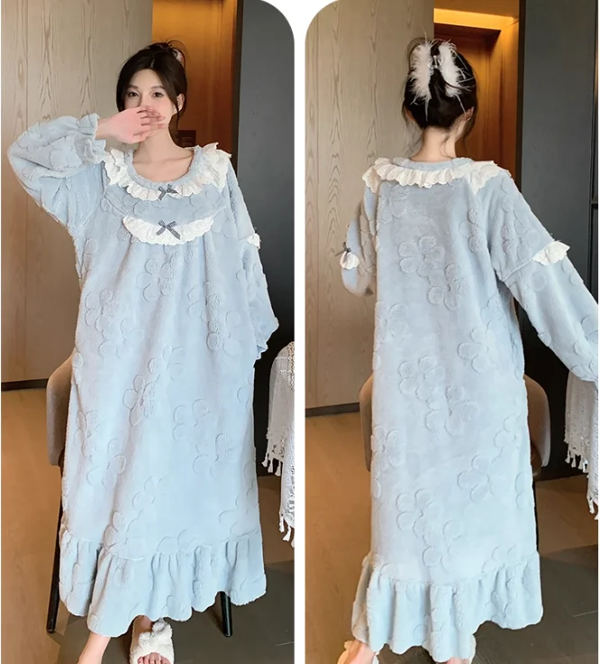 Pigiama da donna autunno inverno nuovo dolce girocollo con fiocco principessa camicia da notte in flanella manica lunga carino allentato riduzione dell'età