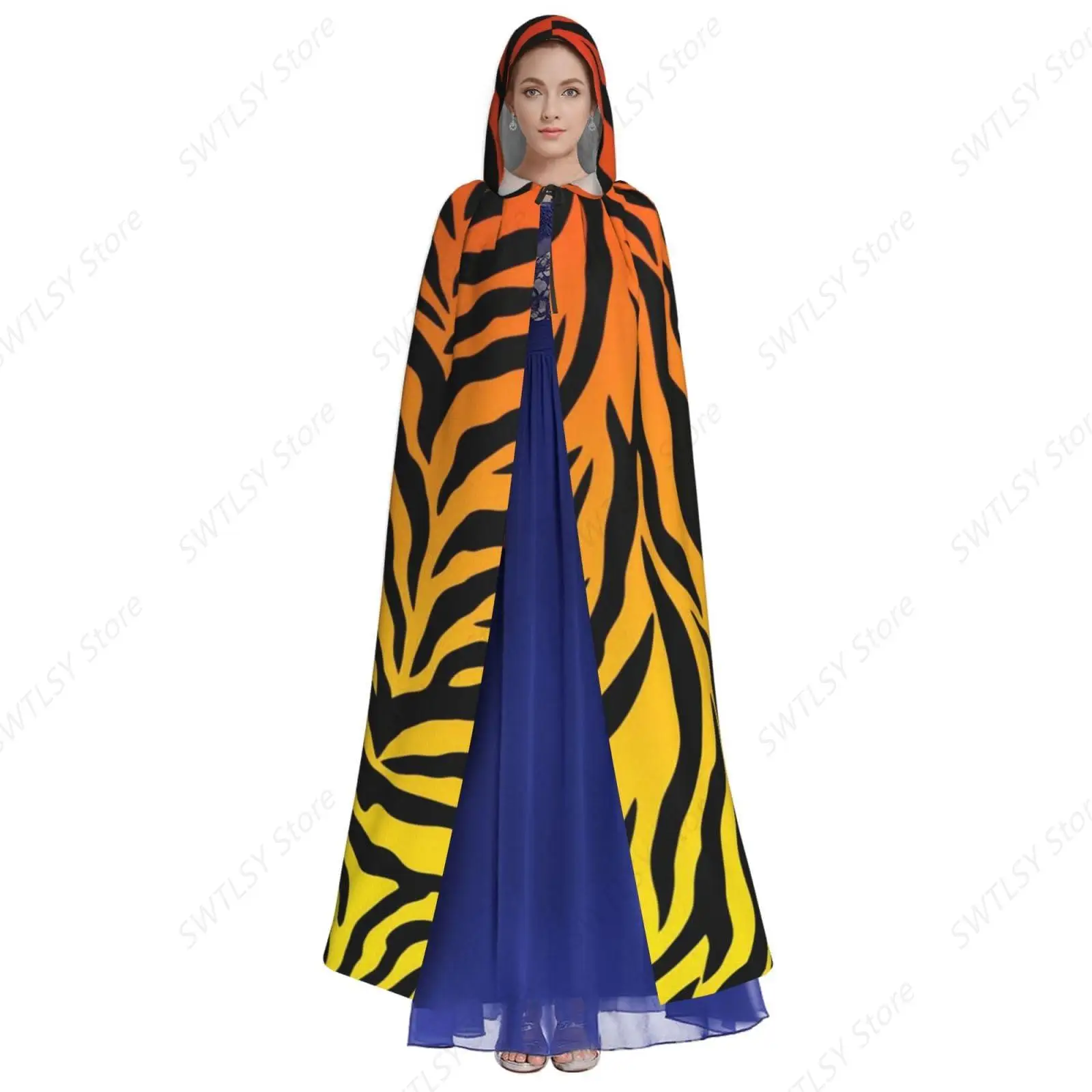 Tiger Stripe Animal Print Costumes Cosplay Women Men Hooded Party Cloak Dress Witch Cape