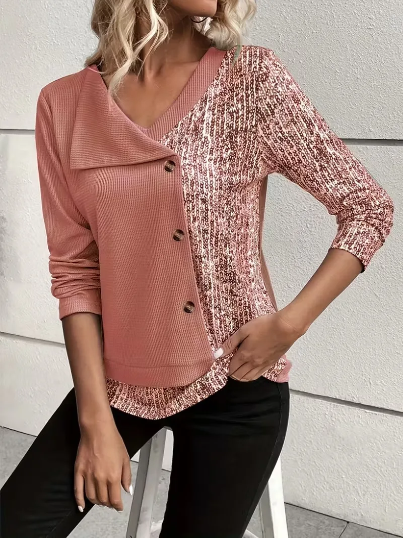 

Элегантный женский топ с длинными рукавами и пайетками, длинный топ с пайетками.