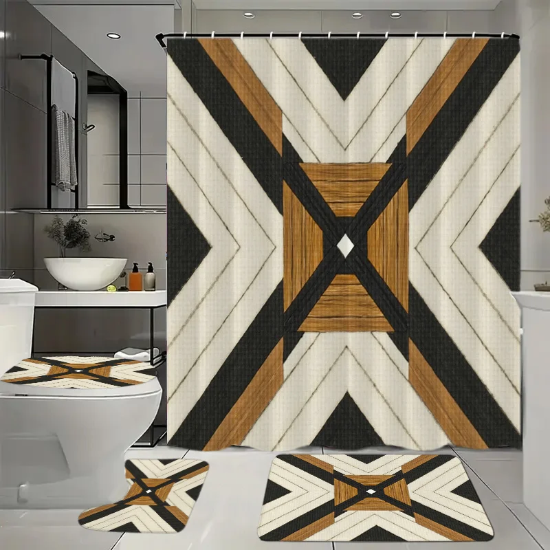 

For 4pcs Bathroom Set with Shower Curtain, 12 Hooks, Floor Mat, Toilet Seat Cover, and Modern Minimalist Geometric Pattern Decor