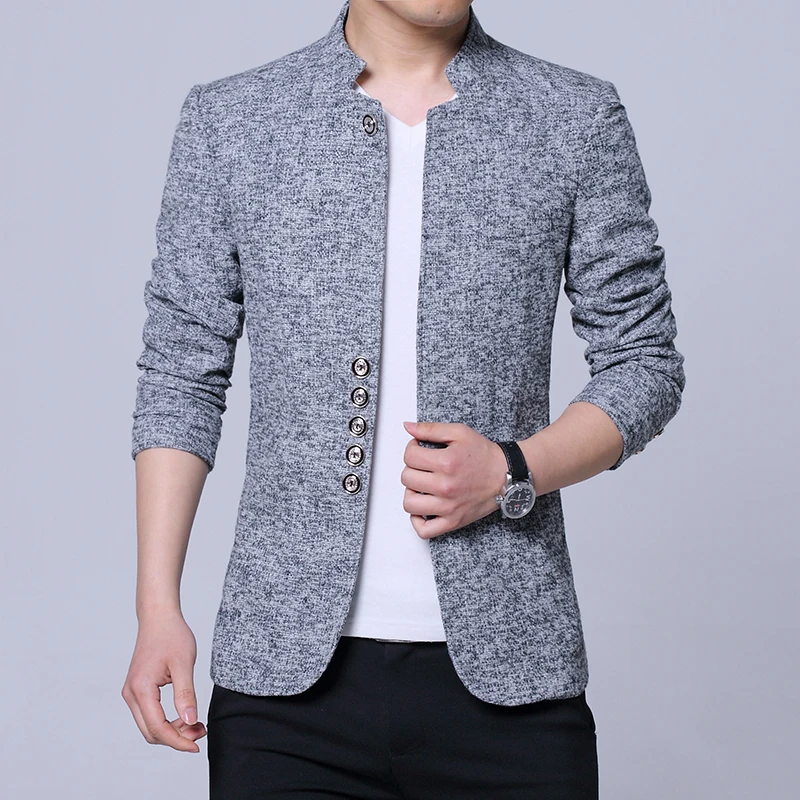 2023 Men Fashion Stand Collar Slim Fit Chinese High Quality Blends Suit Jacket / Male Casual Trend Large Size Wool Blazer Coat