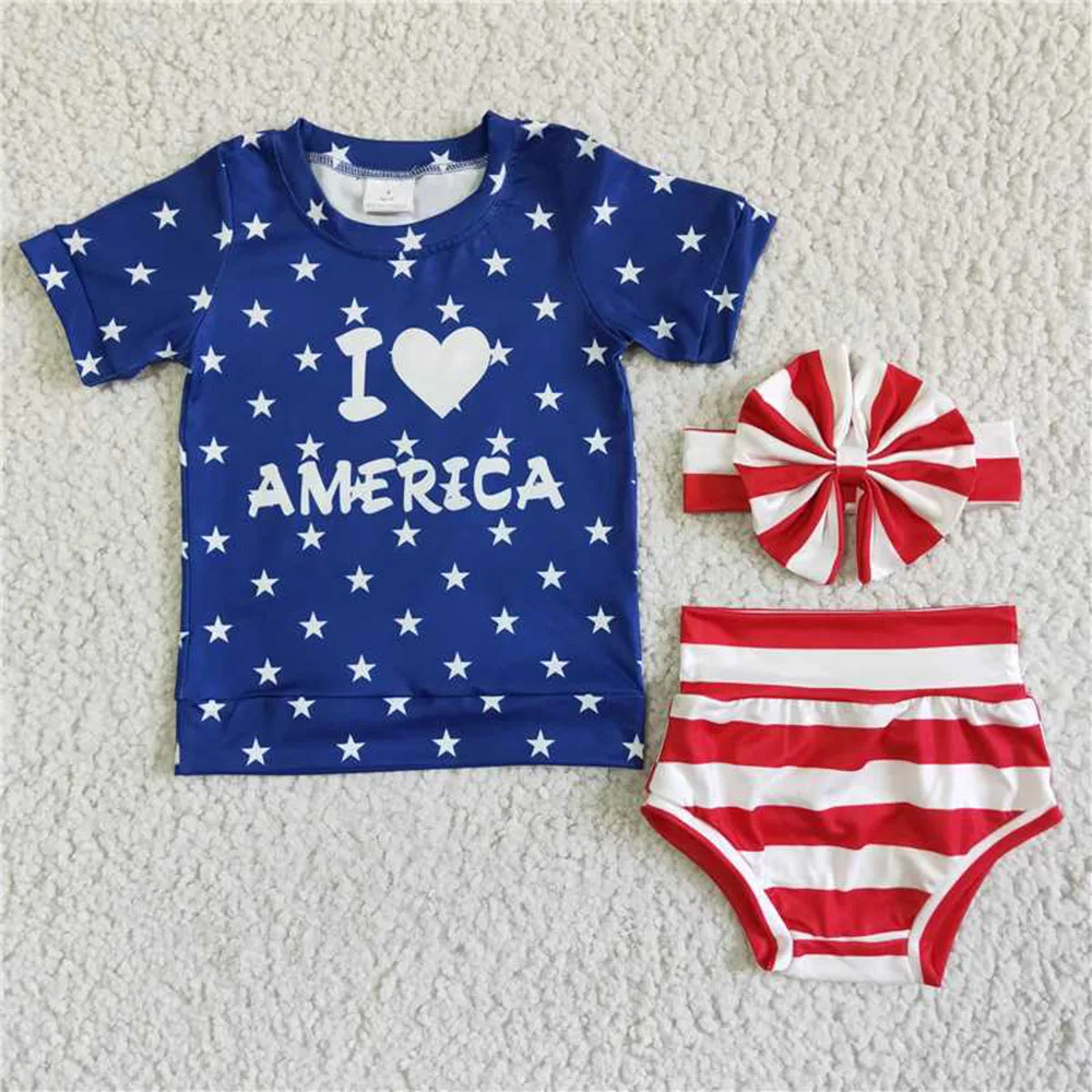 

GBO0039 kids clothing july 4th star bummies short sleeve set headwears