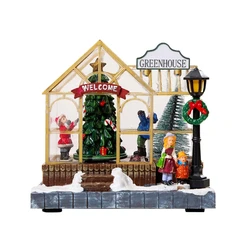 Christmas Musical Light Up Village House Resin Ornament with LED Light Rotating Tree Figurines Holiday Table Decoration