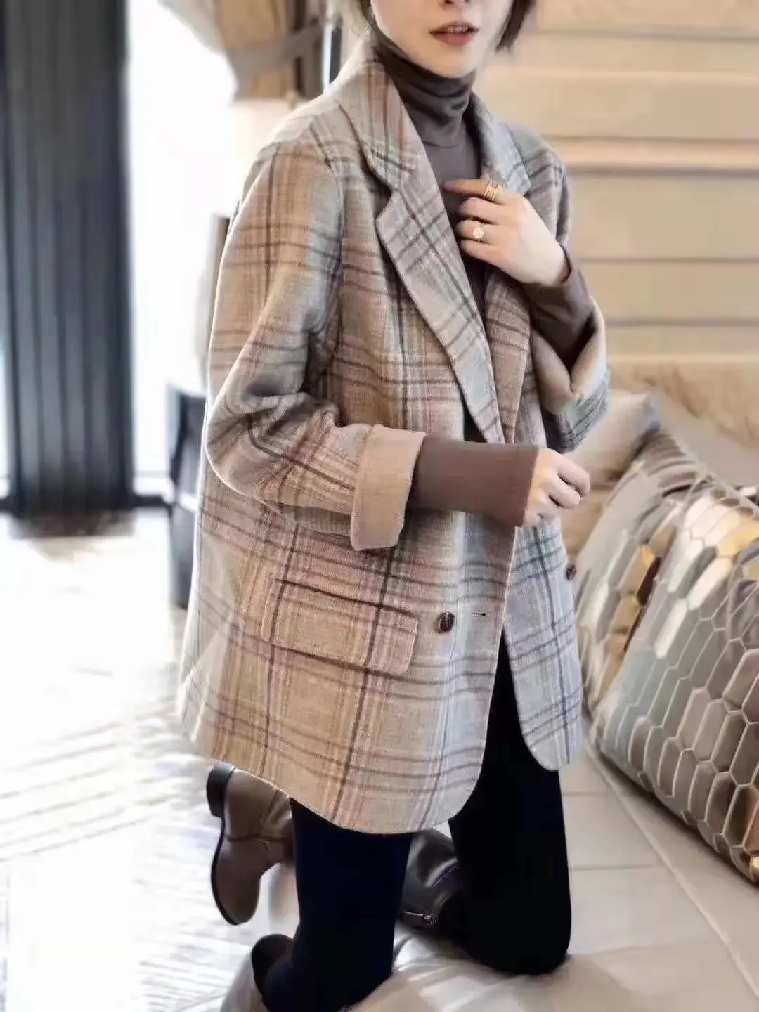 Anti-season autumn clothes plaid small suit double-sided cashmere coat temperament women's small high-end European wool coat