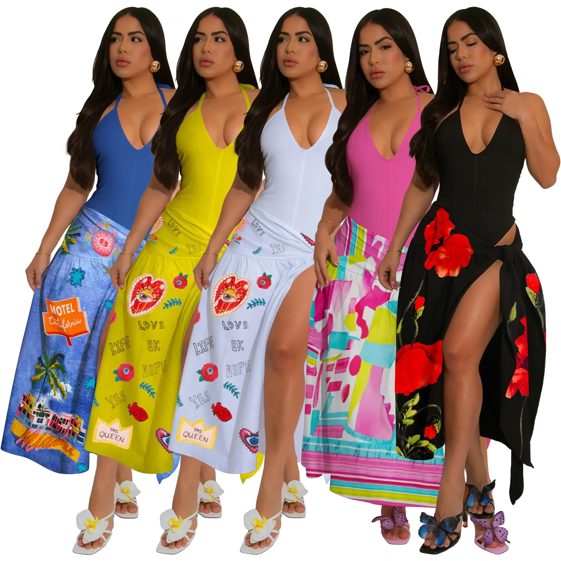 

Retro Bikini Printed Fashion One Piece Swimsuit And Cover Up With Skirt Tight Women's Bandage Summer Beach Luxury Elegant