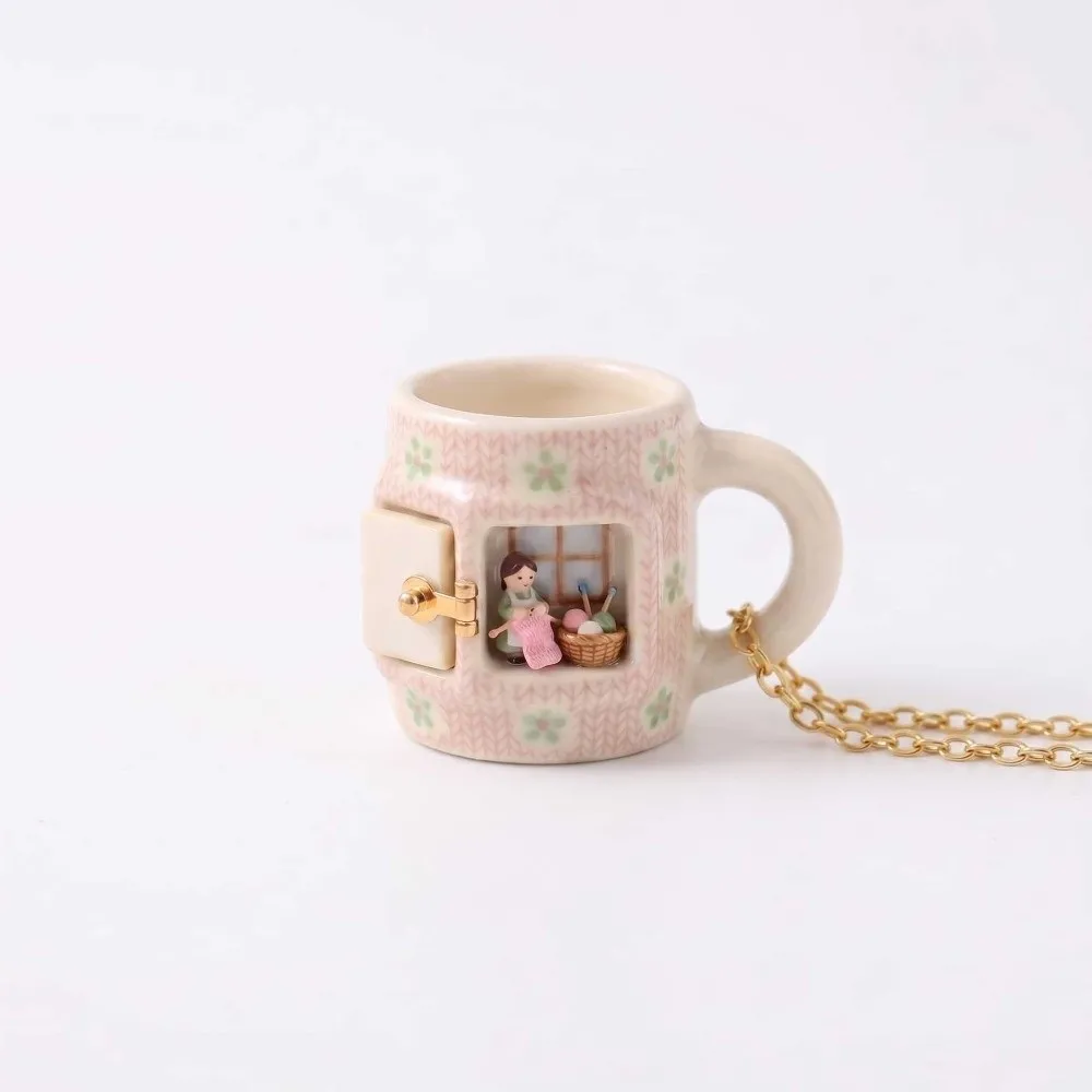 Lightweight Miniature Mug Pendant Necklace Gold Tone Alloy Ceramic Necklace Bunny Cat Micro Scene Cartoon Jewelry Christmas Gift