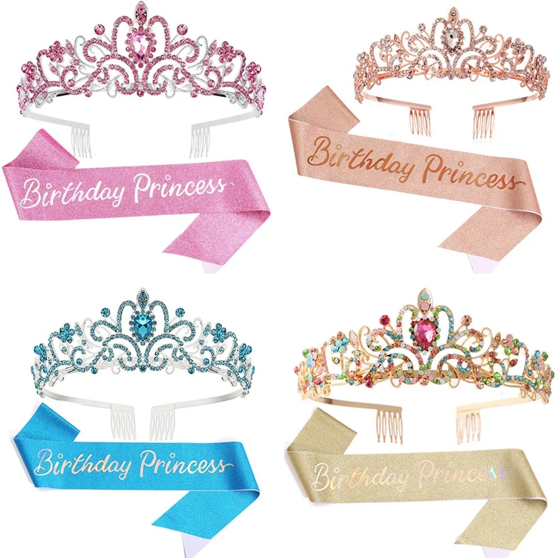 Birthday Girl Tiara Crown Princess Crown With Birthday Sash For Women Happy Birthday Party Supplies