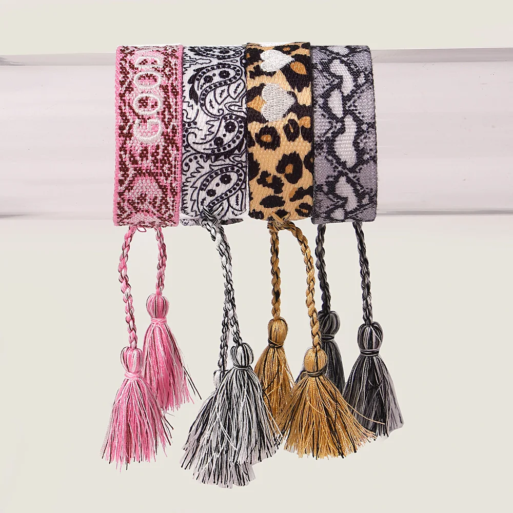 ALLYES Gothic Geometric Textured Embroidery Hand Woven Bracelet Adjustable Stackable Cotton Fabric Knitted Tassel Bracelets