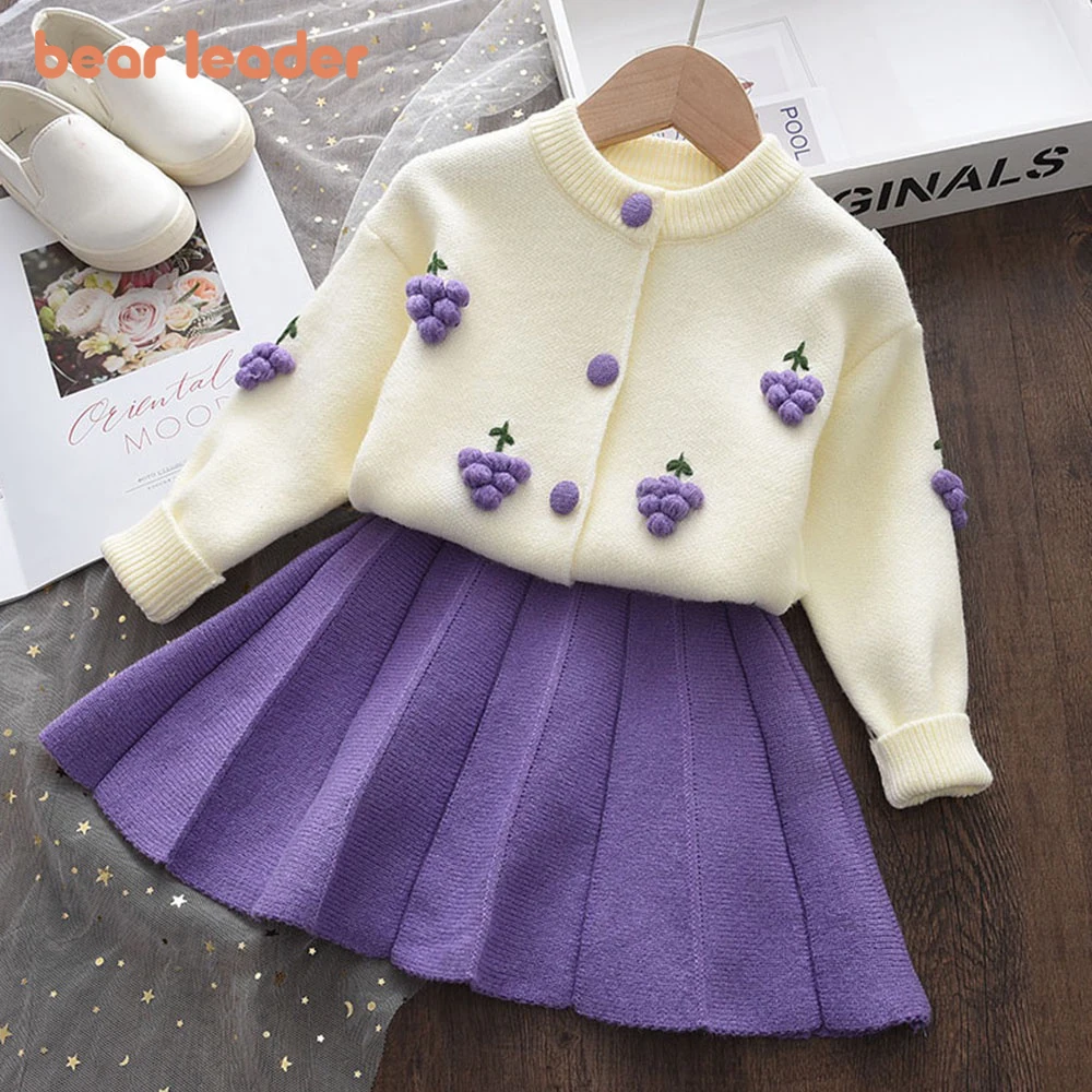 Bear Leader Baby Girls Clothes Set Autumn Winter Cartoon Grape Clothing Set New Kids Knitted Sweet Outfit Children Clothes Suit