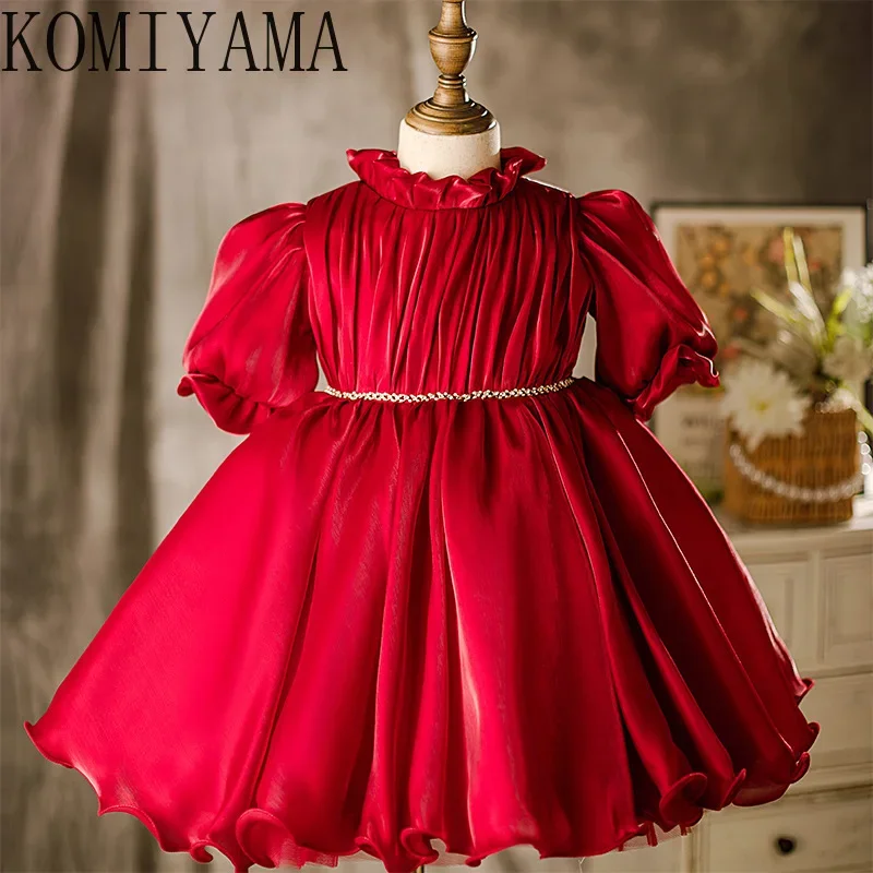 Customized Long Puff Sleeve O-neck Pleated Kid Birthday Dresses Slim Waist Elegant Flower Girls Dress Pleated Sweet Ball Gown Pr