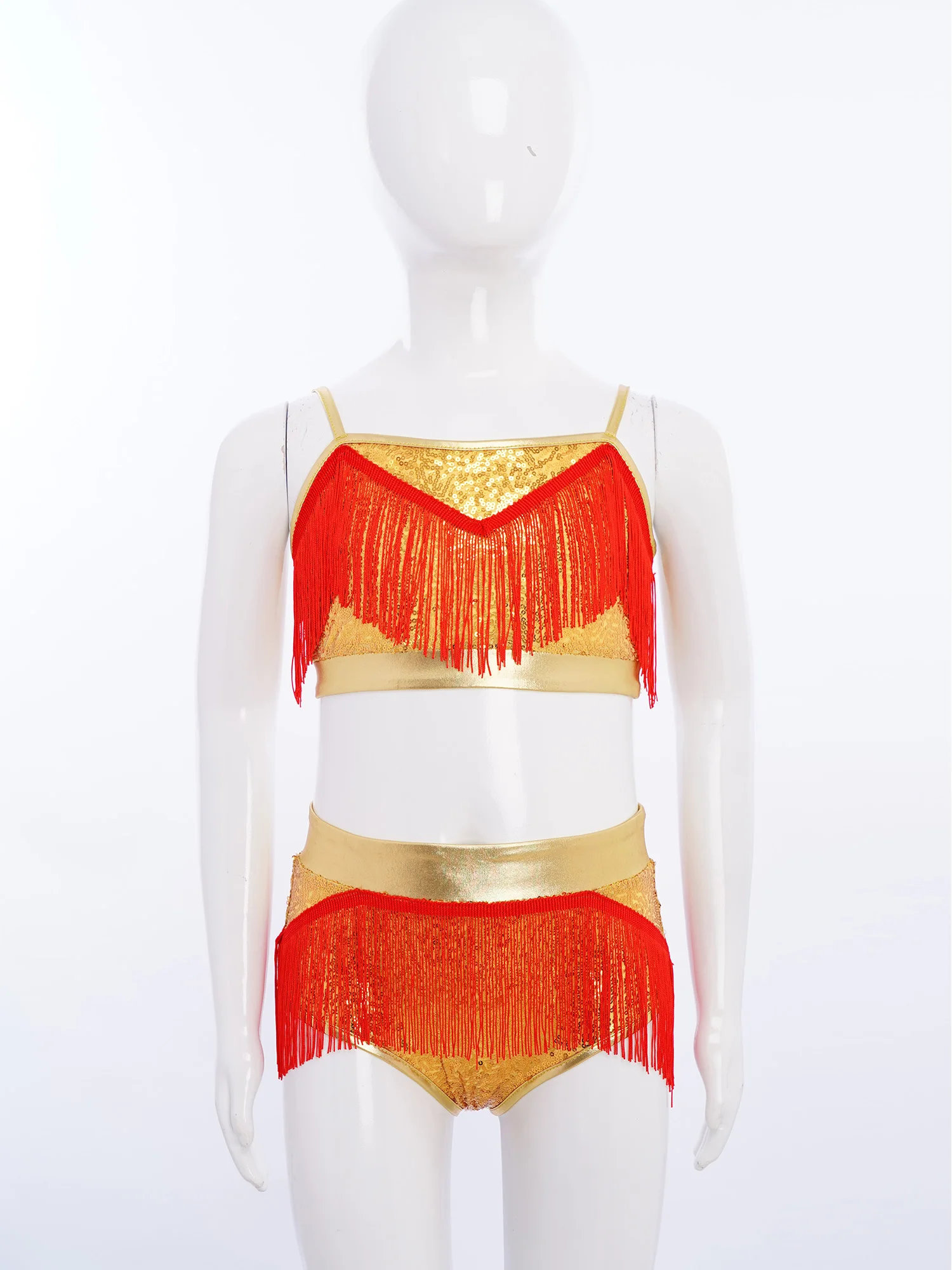 

Kids Girls Salsa Latin Tango Cha-cha Dance Costume Set Samba Rumba Outfits Color Block Sleeveless Tassels Crop Top with Skirt
